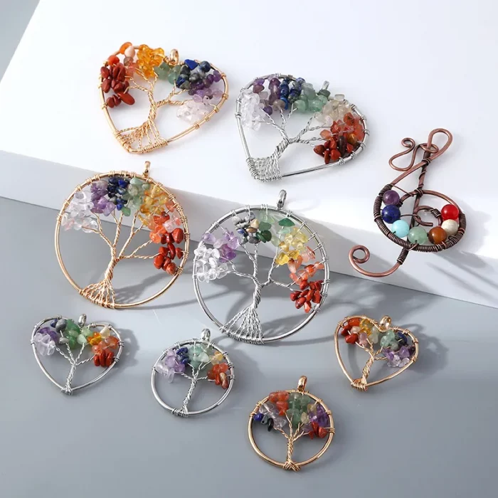 Tree of Life Natural Gravel Stone Pendant Necklace Healing Chakra Fortune Crystal Natural Stone Clavicle Chain Neck Jewelry - Image 2