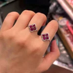 Fine Jewellery Natural Ruby Clover Ring Adjustable With Zircon Halo 925 Sterling Silver White Gold Plated for Women's Party Gift - Image 5