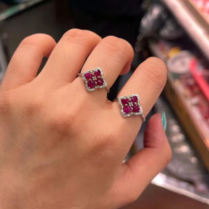 Fine Jewellery Natural Ruby Clover Ring Adjustable With Zircon Halo 925 Sterling Silver White Gold Plated for Women's Party Gift - Image 5