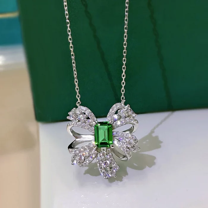 Halaile S925 Sterling Silver Lab-grown Emerald with Certificate Bowknot Pendant Necklace Fine Jewelry Neck Chain Gift for Women - Image 3