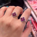 Fine Jewellery Natural Ruby Clover Ring Adjustable With Zircon Halo 925 Sterling Silver White Gold Plated for Women's Party Gift - Image 2