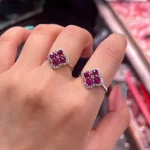 Fine Jewellery Natural Ruby Clover Ring Adjustable With Zircon Halo 925 Sterling Silver White Gold Plated for Women's Party Gift
