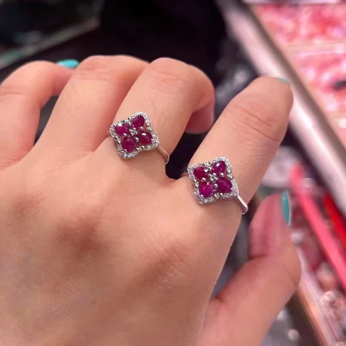 Fine Jewellery Natural Ruby Clover Ring Adjustable With Zircon Halo 925 Sterling Silver White Gold Plated for Women's Party Gift - Image 2