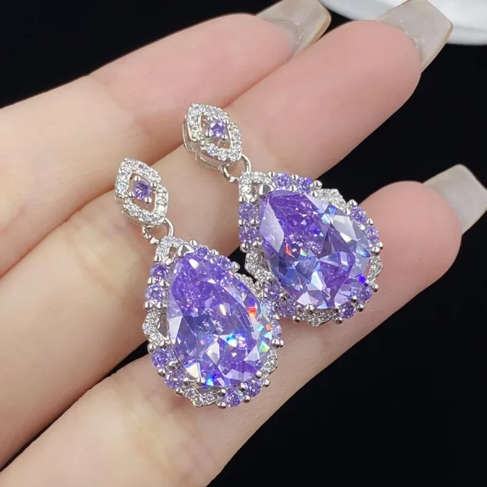Brilliant Cutting Purple Amethyst Gemstones Diamonds Water Drop Pendant Necklace Woman Evening Party Fine Jewelry Sets Gifts - Image 4