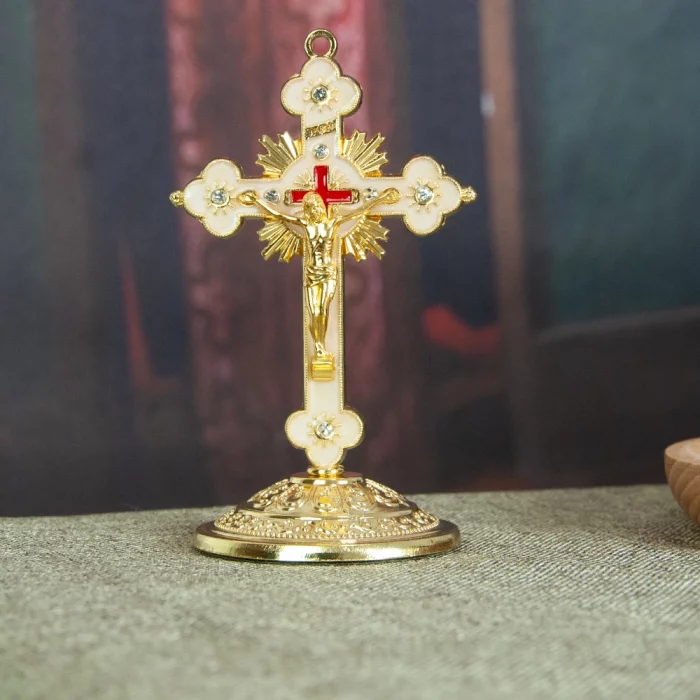 HTISOK Orthodox Church Cross Zinc Alloy Gold Plated Jesus Crucifix Cross Christian Decor With Base Religious Craft Gift With Box - Image 2