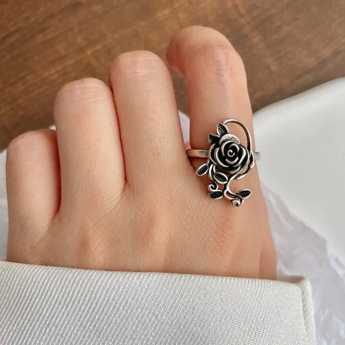 Buyee 925 Sterling Silver Female Big Ring Elegant Rose Flower Open Ring Finger for Women Fashion Ethnic Jewelry Circle Gift - Image 3