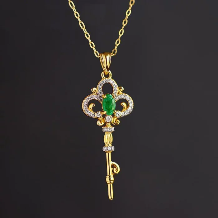 Emerald Crystals Key Pendant Light Luxury Delicate Green Gemstone Necklaces Clavicle Chain engagement Jewelry for Women gift - Image 2