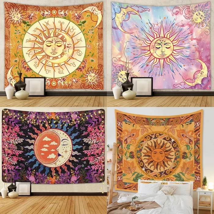 Beautiful Interior Decoration Tapestry Psychedelic Sun and Moon Mandala Flowers Home Wall - Image 2