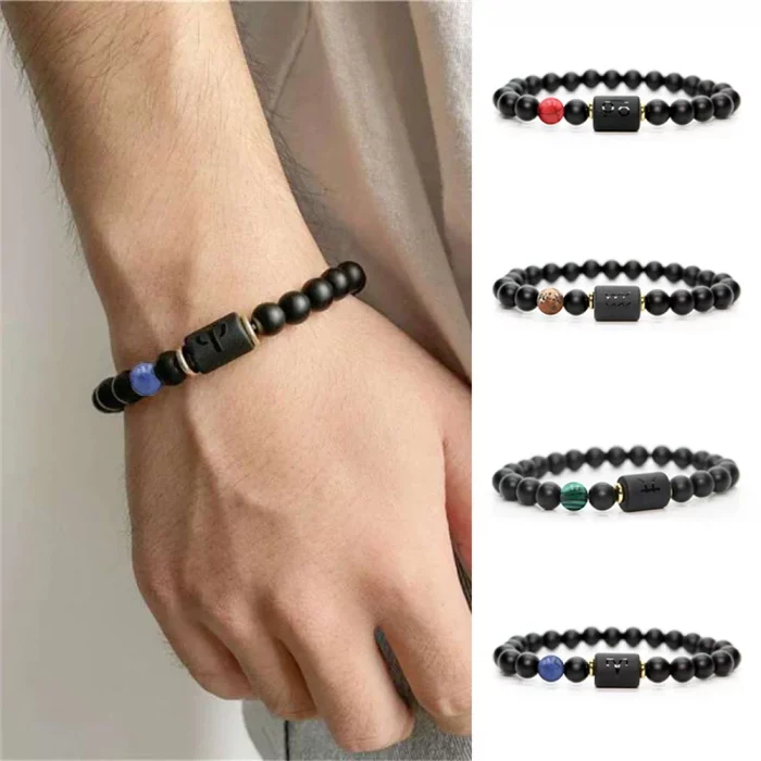 12 Zodiac Sign Obsidian Bracelet For Women Men Fashion Natural Black Agate Stone Elastic Bead Bracelet Bangles Birthday Jewelry - Image 3