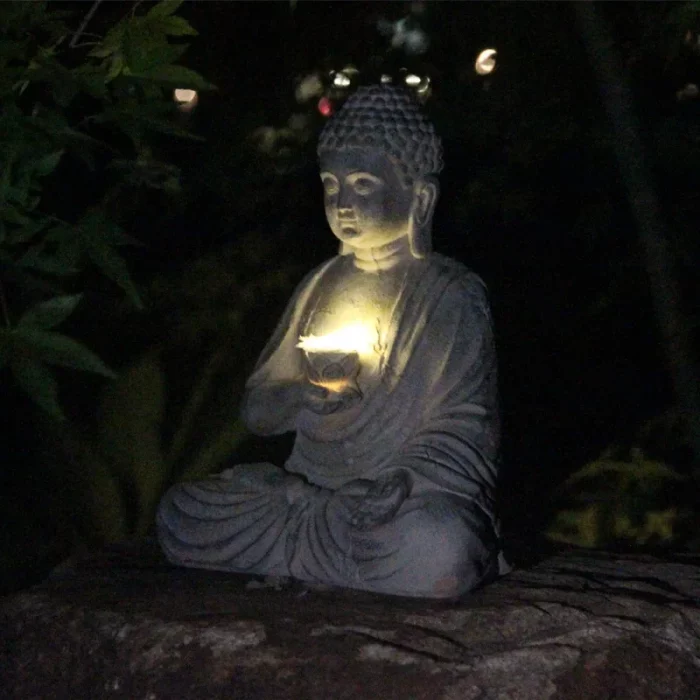 Resin Buddha Statue Sculpture Solar Powered LED Light Zen Asian Japanese Garden Decoration Outdoor Front Porch Patio Yard Home - Image 2