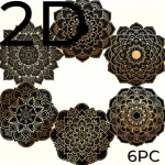 Set of 6 2D Black and Gold Mandala Theme Pattern Art Coasters Round Wooden Heat ResistantNon-SlipHomeDecorGiftMulti-Functional - Image 3