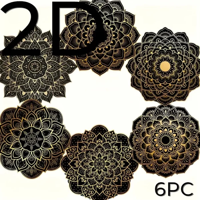 Set of 6 2D Black and Gold Mandala Theme Pattern Art Coasters Round Wooden Heat ResistantNon-SlipHomeDecorGiftMulti-Functional - Image 3