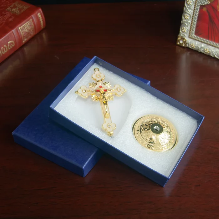 HTISOK Orthodox Church Cross Zinc Alloy Gold Plated Jesus Crucifix Cross Christian Decor With Base Religious Craft Gift With Box - Image 6