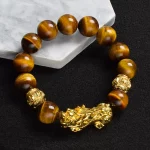 Pi Xiu Tiger Eye Stone Beads Bracelet Feng Shui Yellow Power Stone Women Men Elastic Jewelry Gold Color Pixiu Good Luck Bracelet - Image 2
