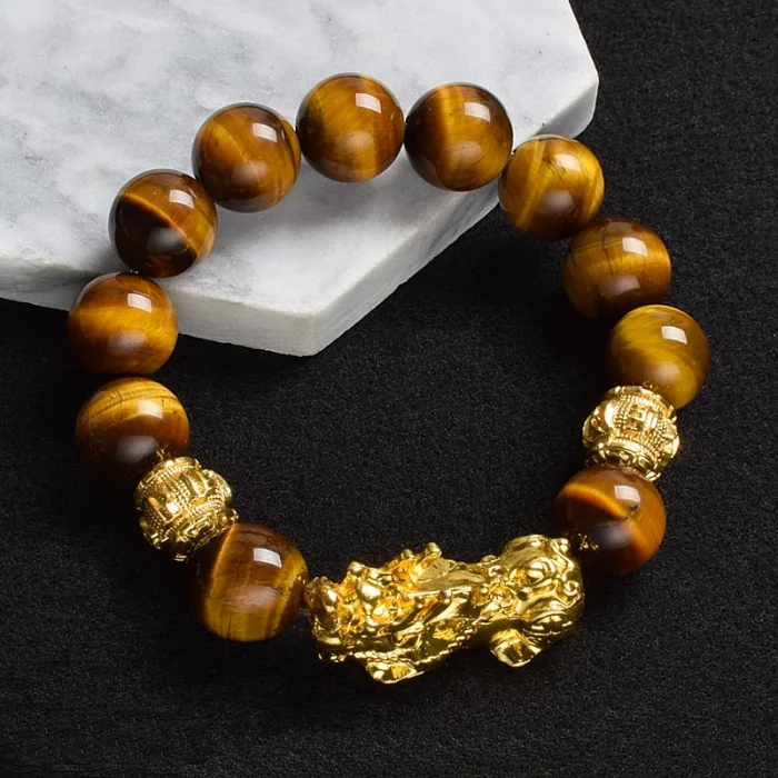 Pi Xiu Tiger Eye Stone Beads Bracelet Feng Shui Yellow Power Stone Women Men Elastic Jewelry Gold Color Pixiu Good Luck Bracelet - Image 2