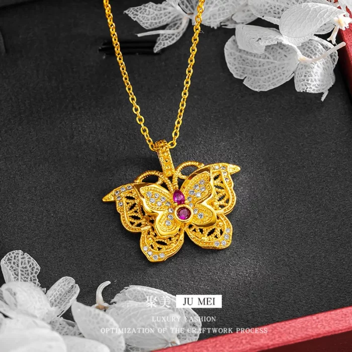 Luxury 24K 9999 Pure Gold real gold Silk Hollow Ruby Butterfly Pendant Butterfly Necklace Women's Clavicle Chain - Image 3