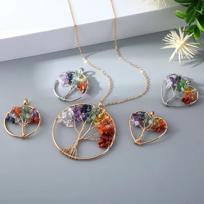 Tree of Life Natural Gravel Stone Pendant Necklace Healing Chakra Fortune Crystal Natural Stone Clavicle Chain Neck Jewelry - Image 6