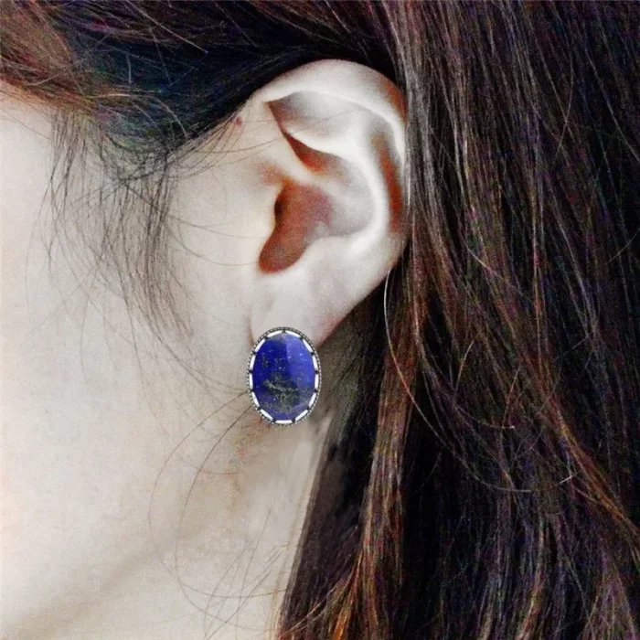 Oval Natural Lapis Lazuli Tiger Eye Pink Quartz Jades Blue Sequins Earrings Antique Sliver Plated Fashion Jewelry For Women - Image 6
