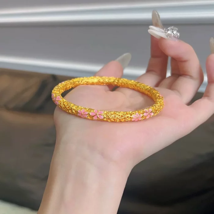 Luxury 24K 9999 Pure Gold real gold Women's Peach Blossom Enamel Filament Bracelet - Image 3