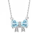 925 Sterling Silver Set Natural Aquamarine Bowknot Pendant Chain Necklaces Blue Stone Jewelry Girlfriend Birthday Gifts Bijoux