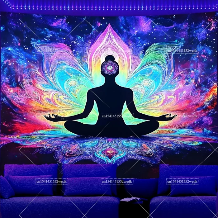 Blacklight Tapestry Seven Chakra Yoga Meditation Tapestry UV Reactive Black Light Poster Lotus Spiritual Wall Hanging For Room - Image 4