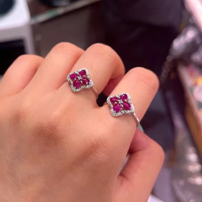 Fine Jewellery Natural Ruby Clover Ring Adjustable With Zircon Halo 925 Sterling Silver White Gold Plated for Women's Party Gift - Image 3