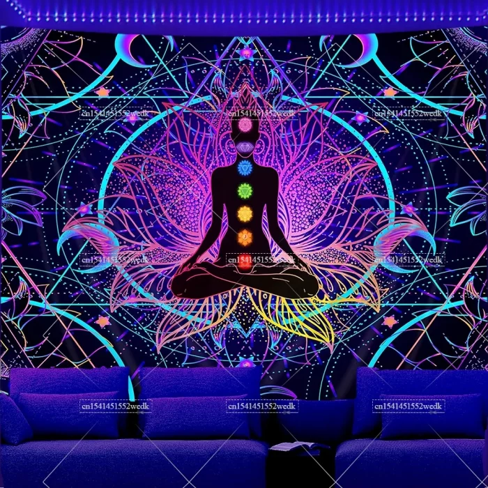 Blacklight Tapestry Seven Chakra Yoga Meditation Tapestry UV Reactive Black Light Poster Lotus Spiritual Wall Hanging For Room - Image 3