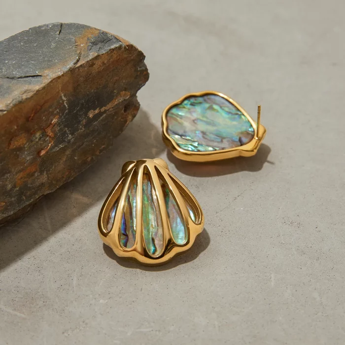 Uworld Holiday Ocean Shell Colored Abalone Shell Earrings 18K Gold Color Plated Stainless Steel Hollow Shell Earrings Women's Ac - Image 10