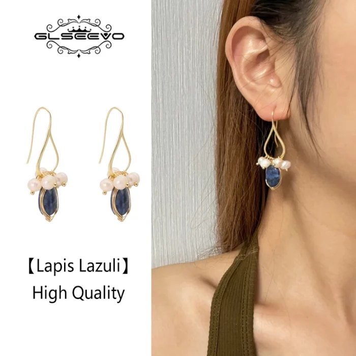 GLSEEVO Natural lapis lazuli Pearl Temperament Drop Earrings Women Girls Party Gift Original Design Luxury Jewellery Gift GE0988 - Image 6