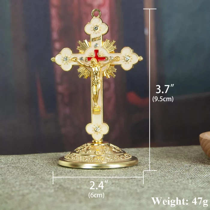 HTISOK Orthodox Church Cross Zinc Alloy Gold Plated Jesus Crucifix Cross Christian Decor With Base Religious Craft Gift With Box - Image 3