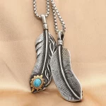 Vintage Stainless Steel Feather Necklace For Men Women Punk Biker Feather Green Stone Pendant Necklaces Fashion Jewelry Gifts - Image 4