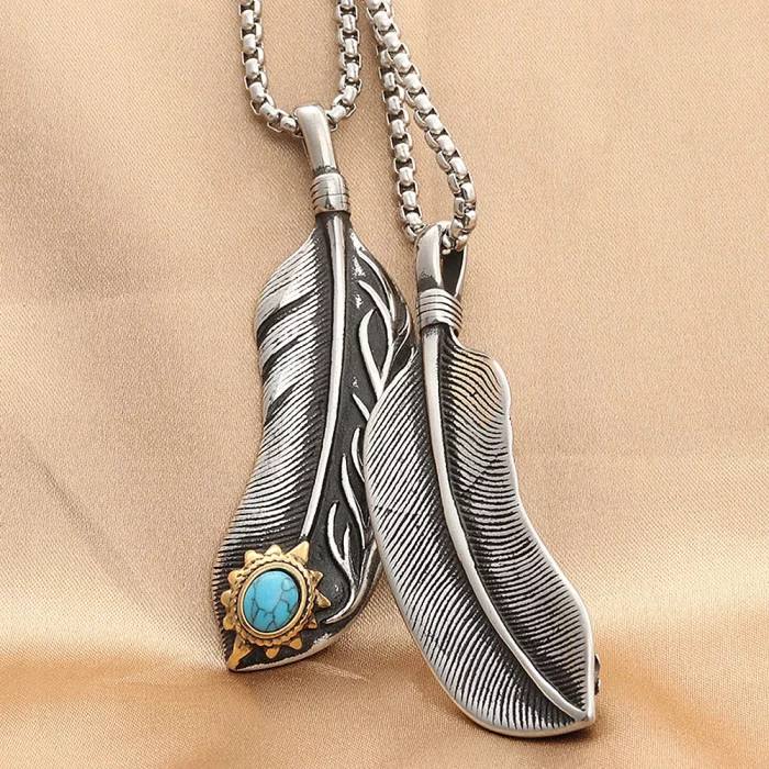 Vintage Stainless Steel Feather Necklace For Men Women Punk Biker Feather Green Stone Pendant Necklaces Fashion Jewelry Gifts - Image 4