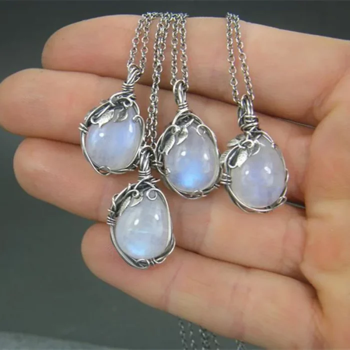 Moonstone Pendant Necklace Crystal Gems Alloy Rattan Vintage Noble Women Necklaces for Lady Girls Waterdrop Stone Necklace Gift - Image 3