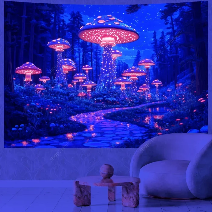 Mushroom Forest UV Reactive Tapestry Wall Hanging for Psychedelic Art Mystic Kawaii Room Decor Mandala Yoga Mat Picnic Carpet - Image 4