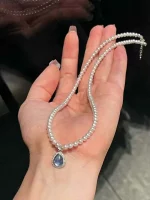 Timeless Elegant 925 Sterling Silver Set Natural Aquamarine Pendant Freshwater Pearls Choker Beads String Necklaces Women Gifts