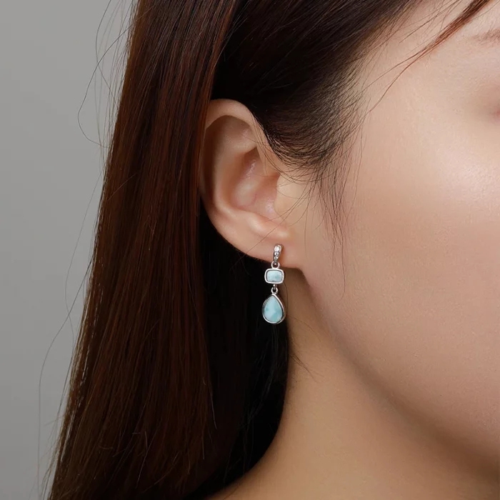 New Fashion Geometry Streamlined Long 925 Sterling Silver Jewelry Girl Natural Precious Larimar Earrings Women - Image 3