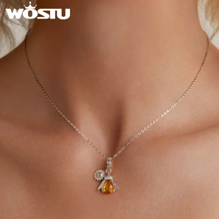 WOSTU Real 925 Sterling Brazil Citrine Crystal Honeybee Daisy Pendant Necklace For Women Wedding Party Bridal Gift Wholesale - Image 4