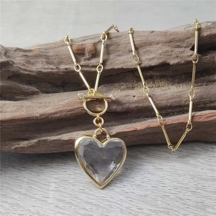 FUWO 1Pc Handcrafted Natural Clear Quartz Necklace,Golden OT Buckle Chain Heart-Shaped Semi-Precious Stone Women's Gift NC475-1 - Image 5