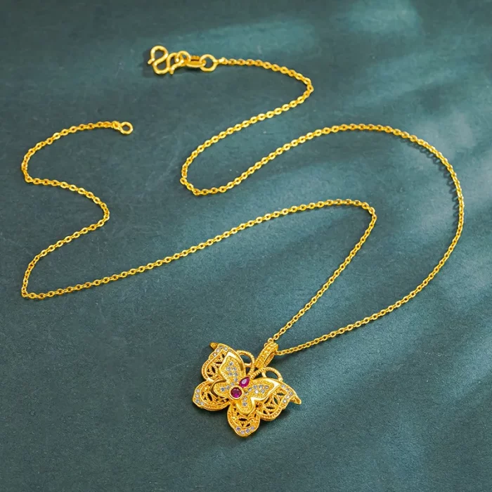 Luxury 24K 9999 Pure Gold real gold Silk Hollow Ruby Butterfly Pendant Butterfly Necklace Women's Clavicle Chain - Image 7