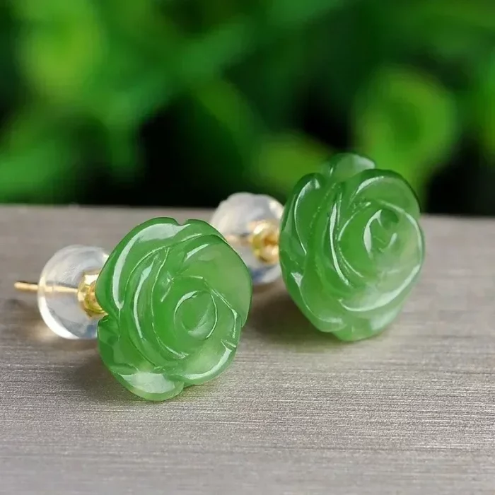 Natural Real Green Jade Rose Earrings 925 Sterling Silver Ear Studs Vintage Gemstone Jewelry TalismansEnergy Amulet Luxury Gift - Image 2