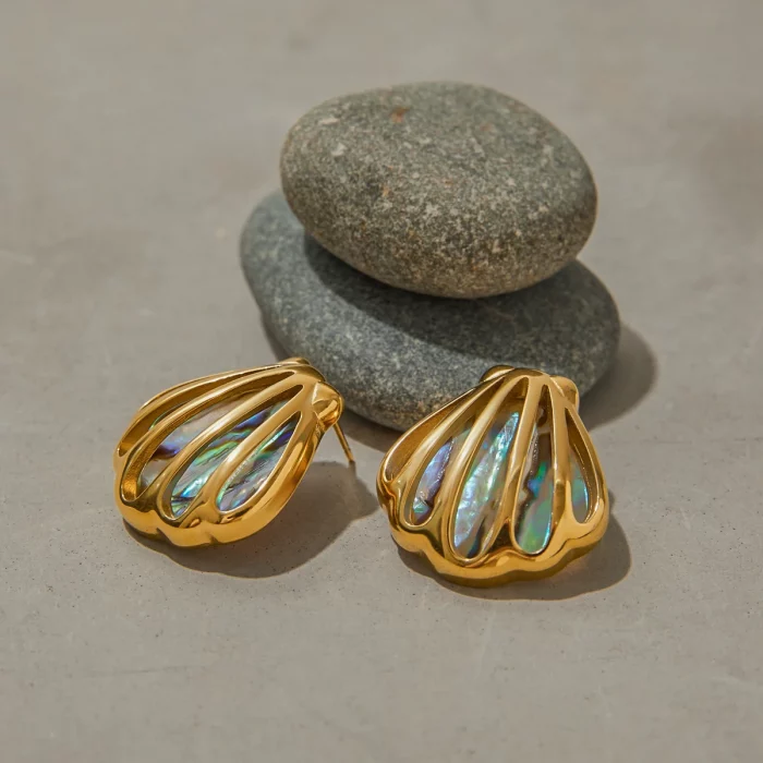 Uworld Holiday Ocean Shell Colored Abalone Shell Earrings 18K Gold Color Plated Stainless Steel Hollow Shell Earrings Women's Ac - Image 5