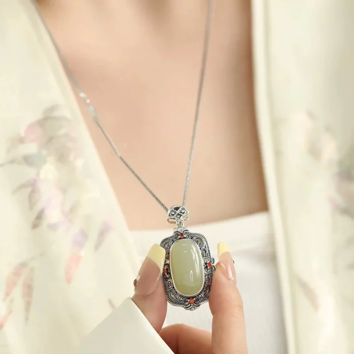 silver 925 Vintage Natural Hotan Jade Green Sachet Pendant Can Be Opened Necklace Light luxury ethnic style Banquet Jewelry - Image 3