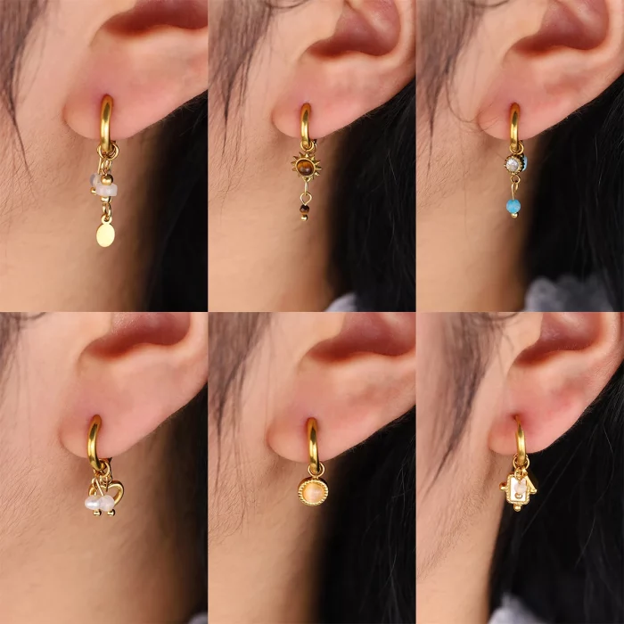 WILD & FREE NEW IN 18K Gold Plated Stainless Steel Huggie Hoop Earrings for Women Chic Vintage Natural Stone Charms Jewelry - Image 2