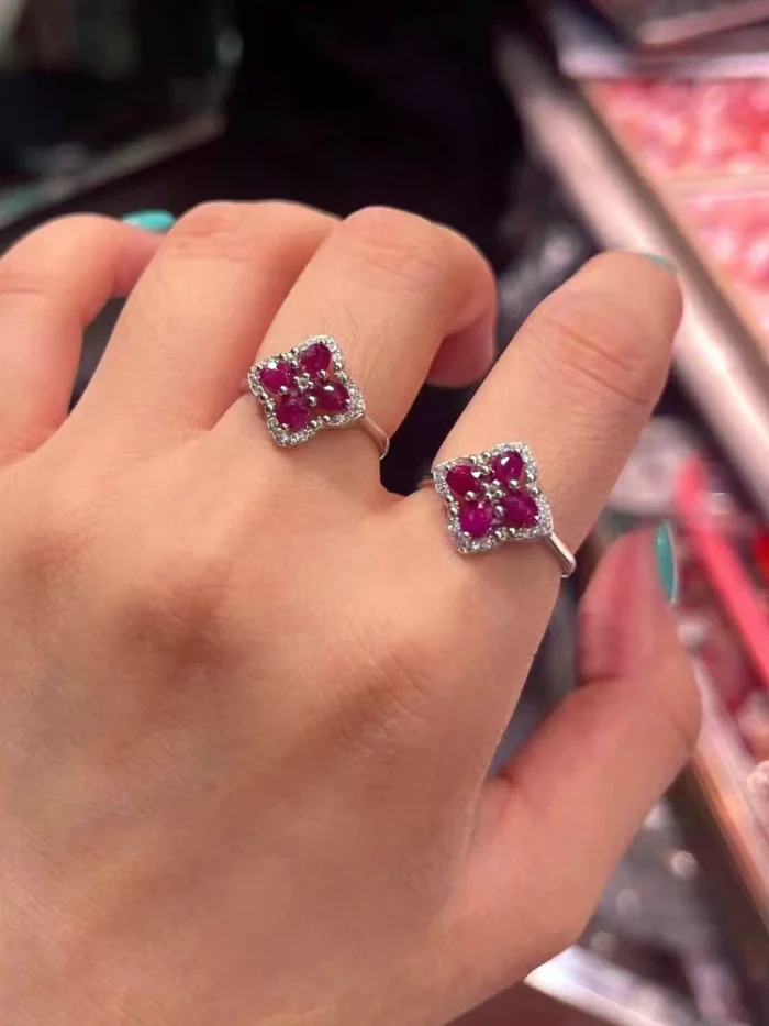 Fine Jewellery Natural Ruby Clover Ring Adjustable With Zircon Halo 925 Sterling Silver White Gold Plated for Women's Party Gift - Image 7