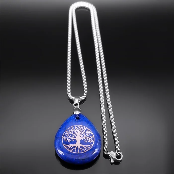 Yoga Tree of Life Necklace for Women Men Lapis Lazuli Stone Stainless Steel Silver Color Amulet Chain Jewelry collier NZZZ366-5S - Image 3