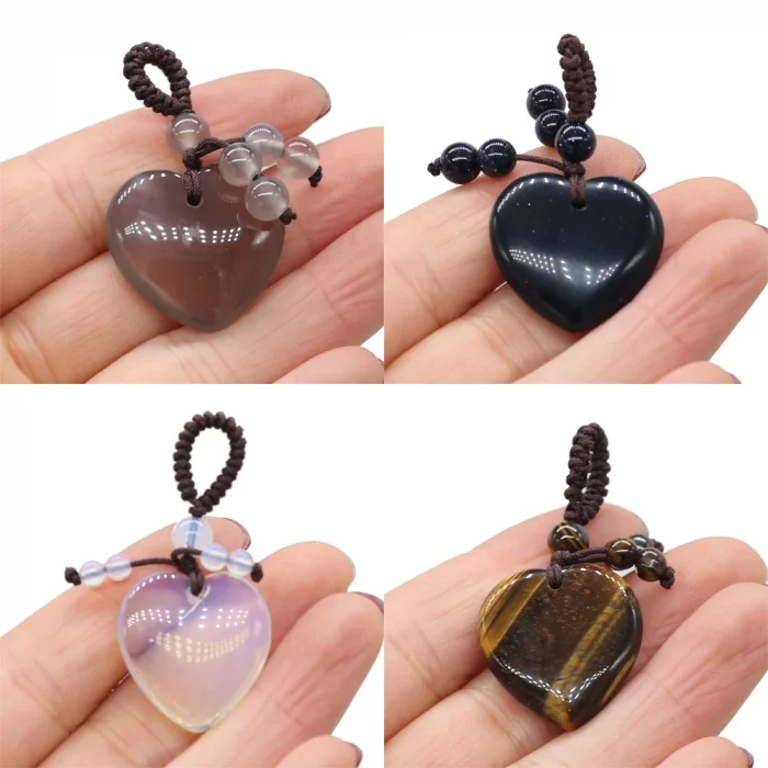Rose Quartz Opal Agate Natural Stone Heart-Shaped Key Ring Aural Polishing Car Key Bag Decorative Pendant Gift - Image 2
