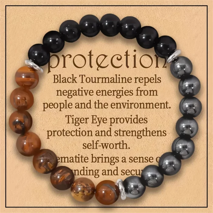 Triple Protection Bracelet:Tiger Eye, Black Obsidian, & Hematite 8mm Round Protection Crystals (Gemstone Stretch Bracelet) - Image 7