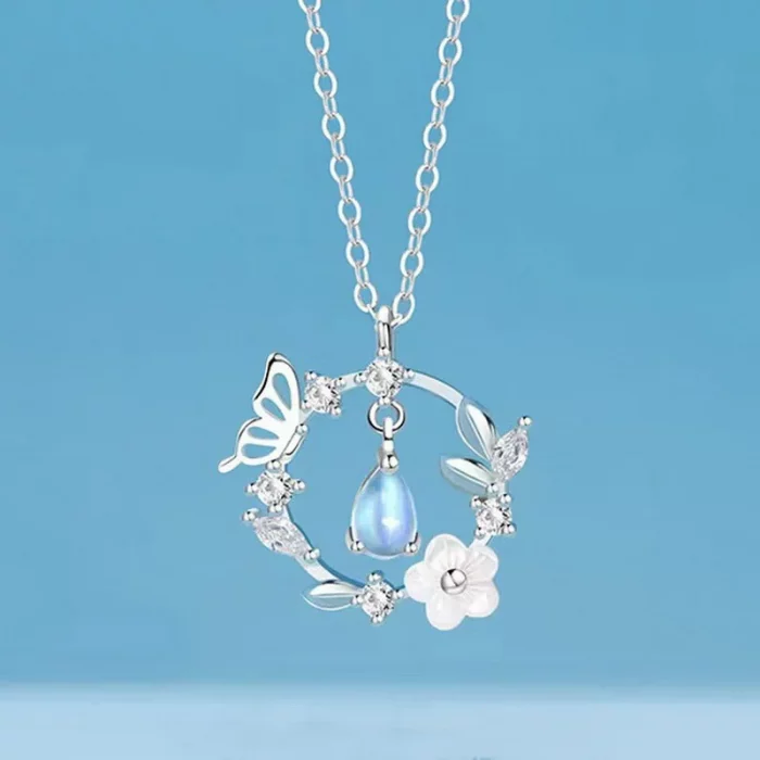 Simple Silver Color Butterfly Shell Flower Heart Necklace For Women Moonstone Pendant Necklaces Clavicle Chain Wedding Jewelry - Image 5
