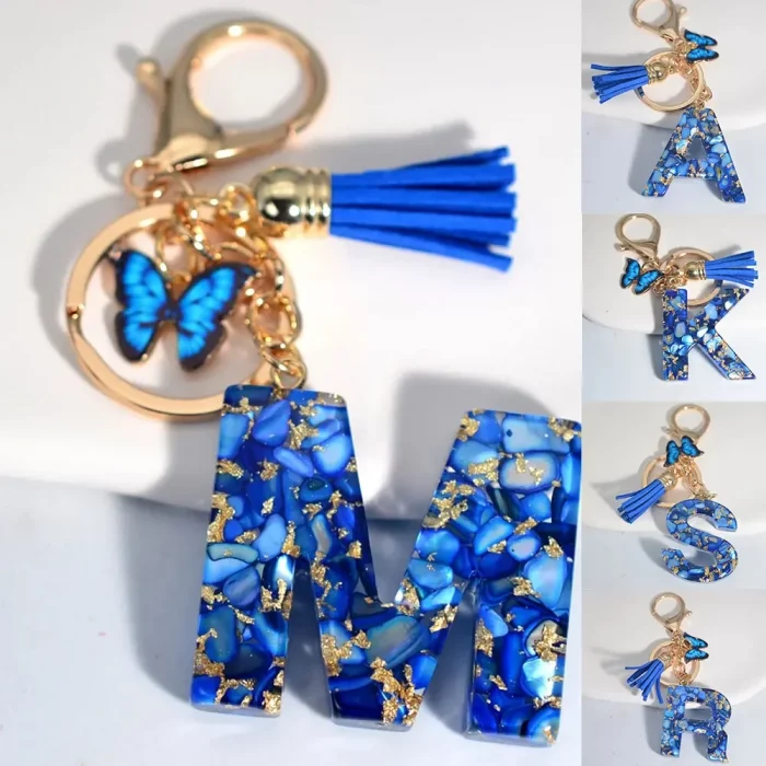 Fashion Blue Glazed Stone A To Z Letter Keychain 26 Initials Alphabet Butterfly Tassel Pendant Car Key Chain Women Jewelry GIfts - Image 2