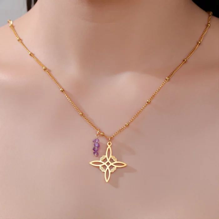Skyrim Purple Crystal Witch Knot Pendant Necklace Women Stainless Steel Beads Chain Vintage Amulet Witchcraft Jewelry Gift - Image 3